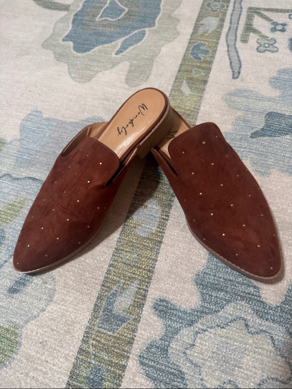 Wonderly Brown Suede Pointed Toe Studded Mule Flats